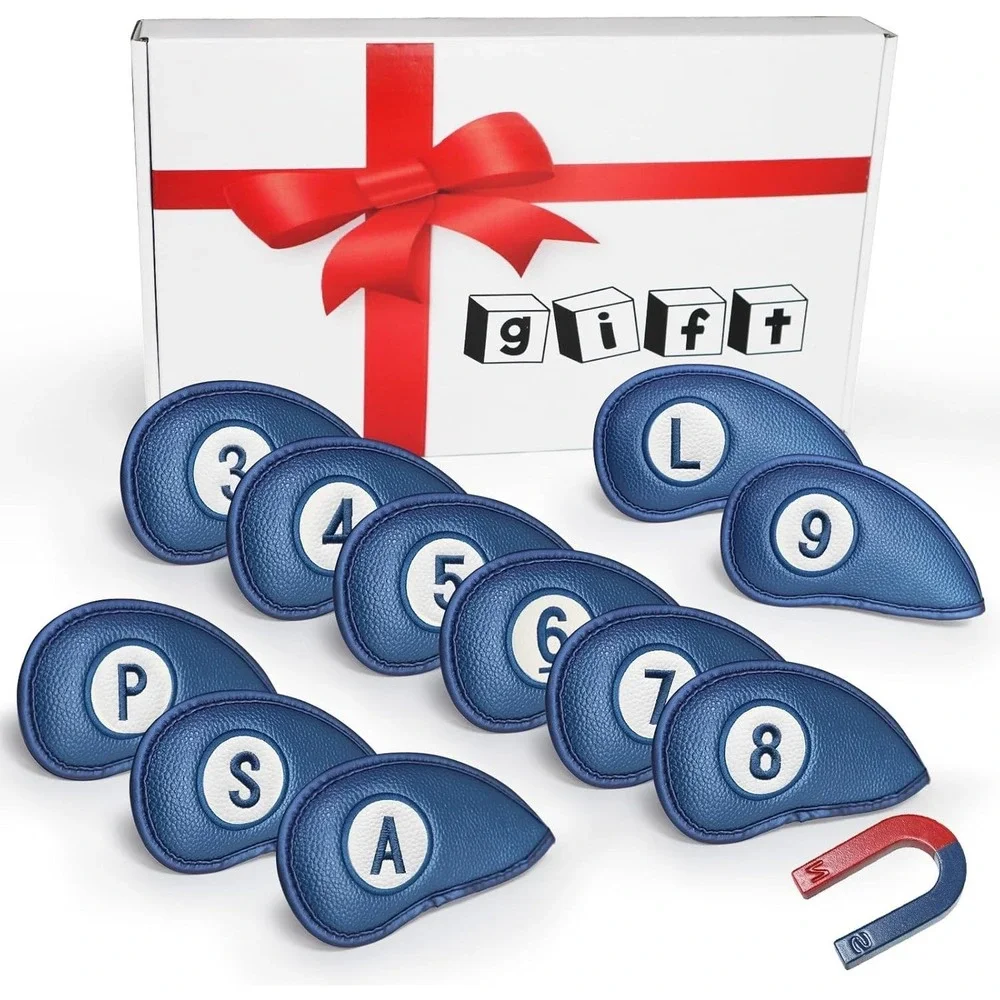 Finger Ten Magnetic Golf Iron Headcovers Set 11pc Blue PU Leather 3-9 P A S L